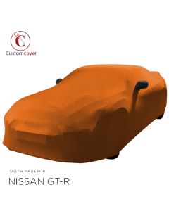 Custom tailored indoor car cover Nissan GT-R R35 Orange with black mirror pockets and black piping