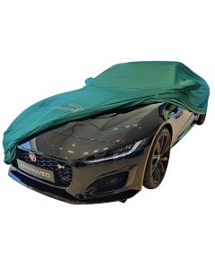 Custom tailored indoor car cover Jaguar F-Type cabrio Goodwood Green with logo and mirror pockets