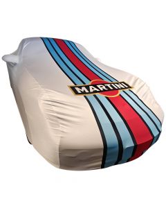 Custom tailored indoor car cover Porsche 911 (996) with mirror pockets and Martini OEM Racing design