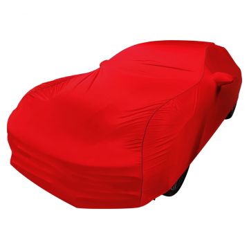 Custom tailored indoor car cover Porsche Panamera Maranello Red with piping and mirror pockets