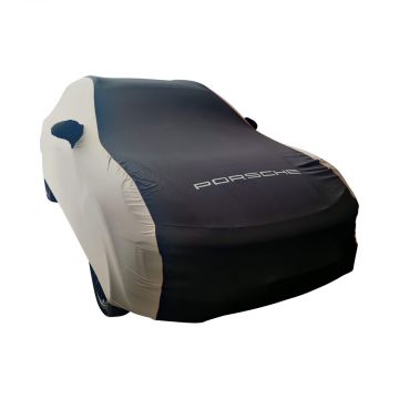 OEM indoor car cover Porsche Macan white and black with red piping, mirror pockets and logo