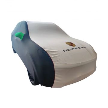 OEM indoor car cover Porsche Macan black white green with red piping, mirror pockets and logo
