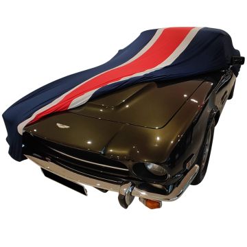 Indoor car cover Aston Martin V8 Volante Coupe blue with red and white striping