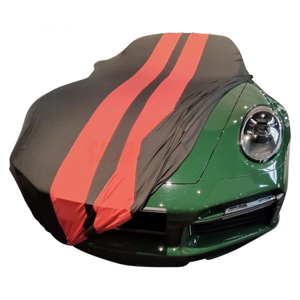 Special design indoor car cover fits Porsche 911 (992) Turbo 2020-present  Black with red striping