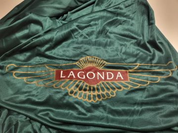 Custom tailored indoor car cover Aston Martin DBS Lagonda & Vantage Coupe Dark Green with print