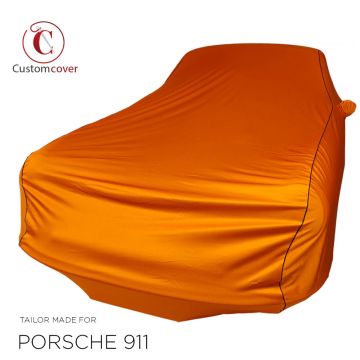 Custom tailored indoor car cover Porsche 911 T orange with 1 left mirror and black piping