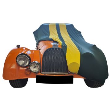 Indoor car cover Morgan Plus 8 green with yellow striping with print