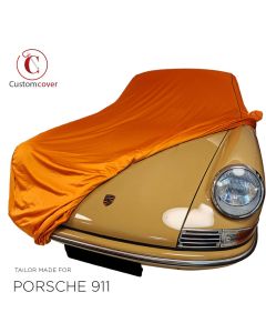 Custom tailored indoor car cover Porsche 911 T orange with 1 left mirror and black piping