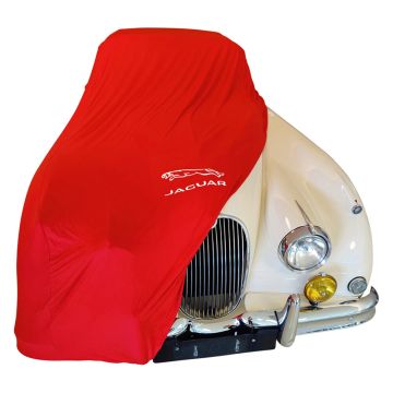 Indoor car cover Jaguar XK150 with Jaguar leaper print Maranello Red