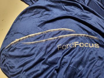Custom tailored indoor car cover Ford Focus 2-Series Blue with mirror pockets and print