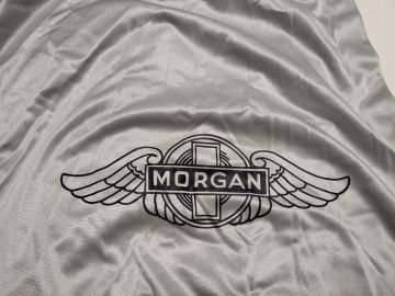 Custom tailored indoor car cover Morgan Aero 8 Light grey with mirror pockets and print