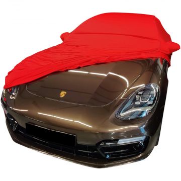 Custom tailored indoor car cover Porsche Panamera Maranello Red with piping and mirror pockets