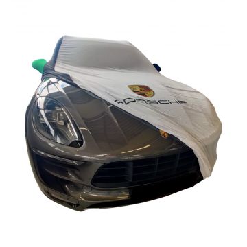 OEM indoor car cover Porsche Macan black white green with red piping, mirror pockets and logo