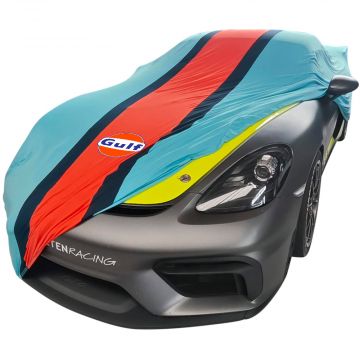 Indoor car cover Porsche Cayman (718) GT4 Clubsport Gulf Design with Gulf logo