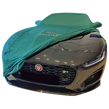 Custom tailored indoor car cover Jaguar F-Type cabrio Goodwood Green with logo, piping and mirror pockets